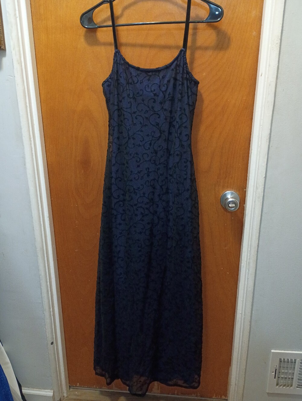Navy Blue Spaghetti Strap Maxi Dress with Subtle Floral Burnout